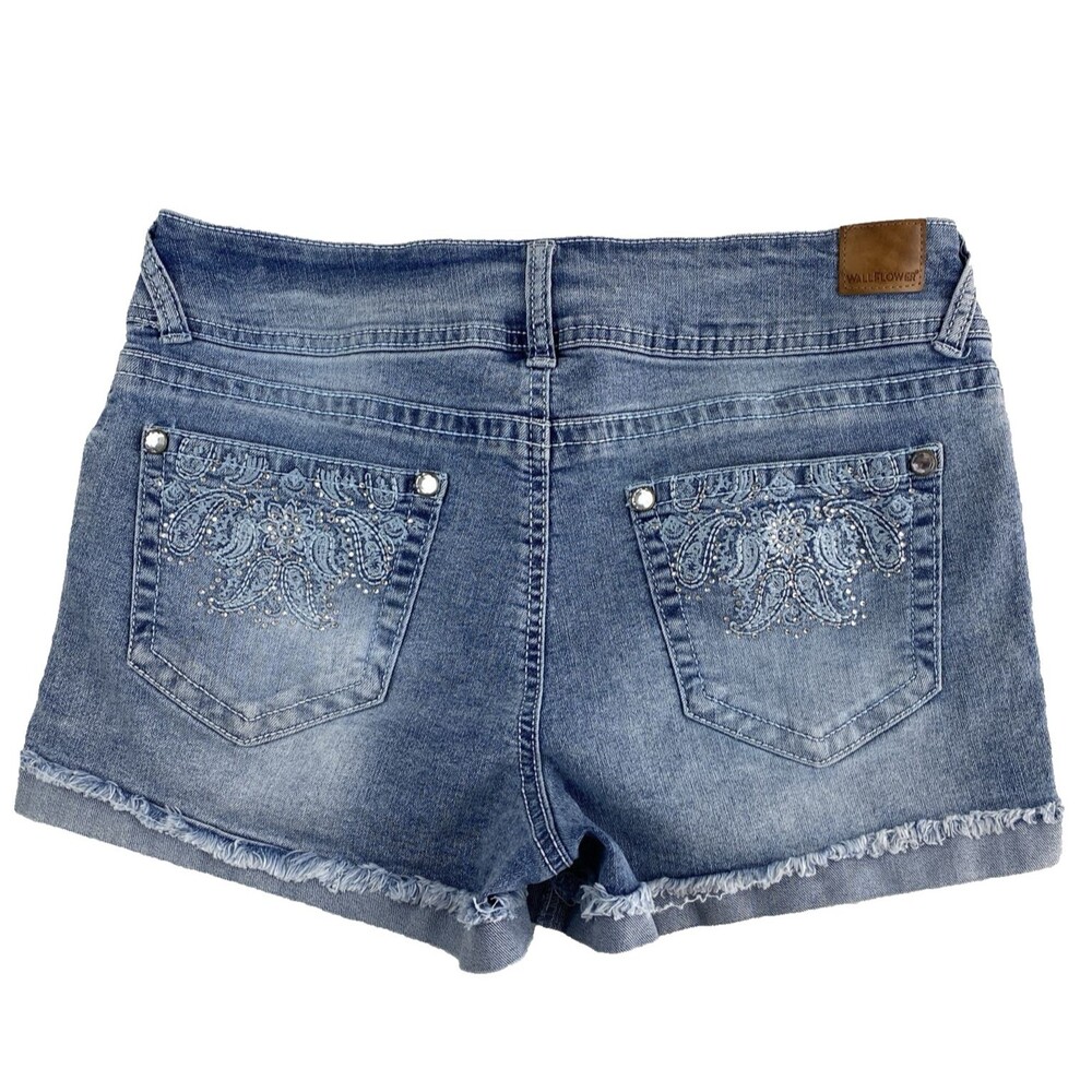 Wallflower Womens 9 Curvy Fit Distressed Denim Shorts Frayed Stretch Bling Boho